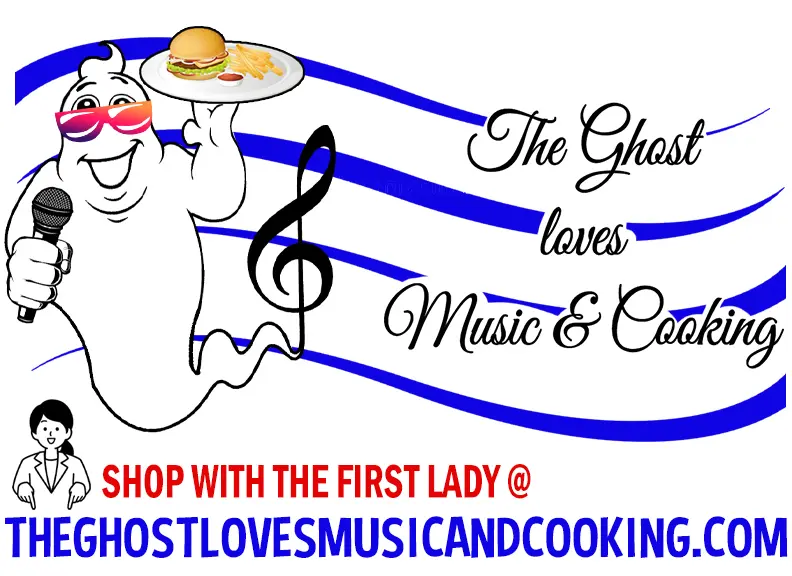 A logo for the ghost loves music and cooking.